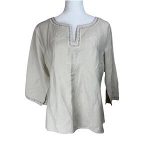 Sherry Taylor Collections Women's L Top Blouse Tan Embroidered 3/4 Sleeves Boxy